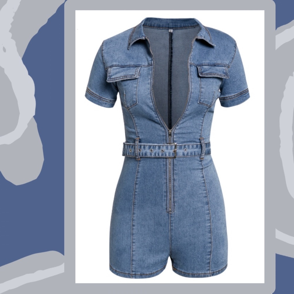 Denim Zipper Front Belted Fitted Romper NWT - Picture 6 of 8